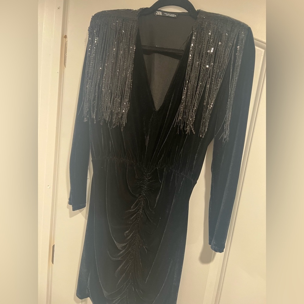 Zara Women's Ruched Velvet Sequin Fringe Shoulder Pad Bodycon Mini Dress.